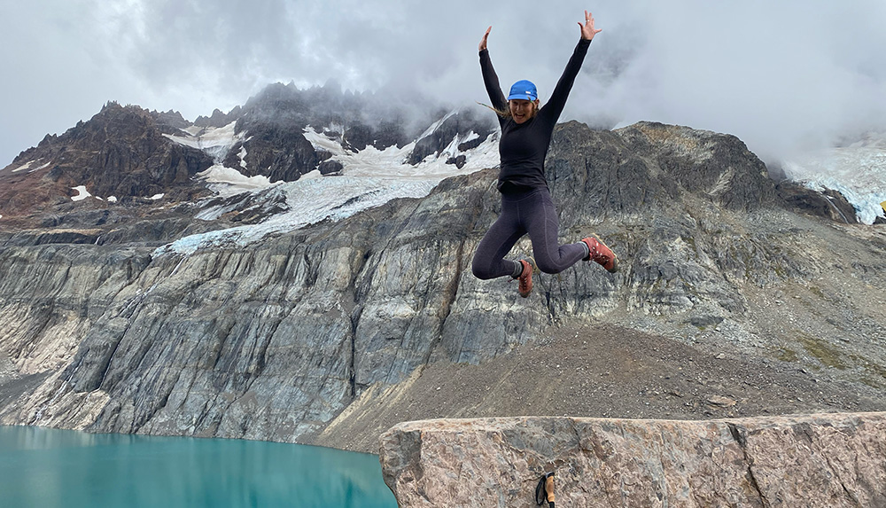 Skye jumping for joy in Patagonia